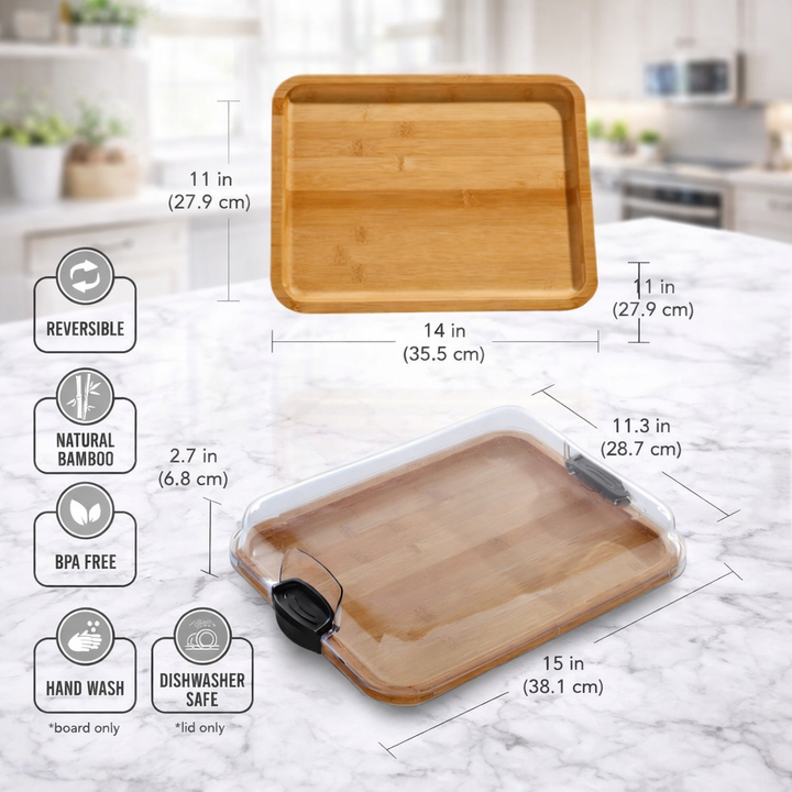 Tagliere Vassoio per Salumi in Bambù con Coperchio Bloccatore