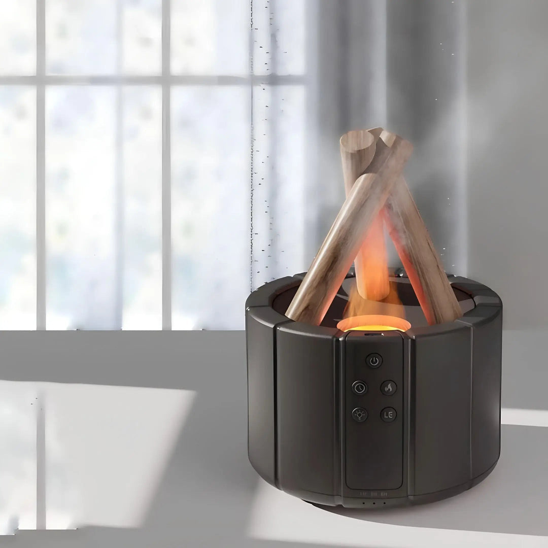 Diffuseur Atmosphérique avec Éclairage Réglable et Humidificateur – Design Feu de Camp, Noir et Blanc, Compact pour Maison 0