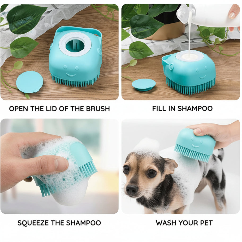 Dog Bath Brush Shampoo Dispenser Soft Pet Grooming Brush