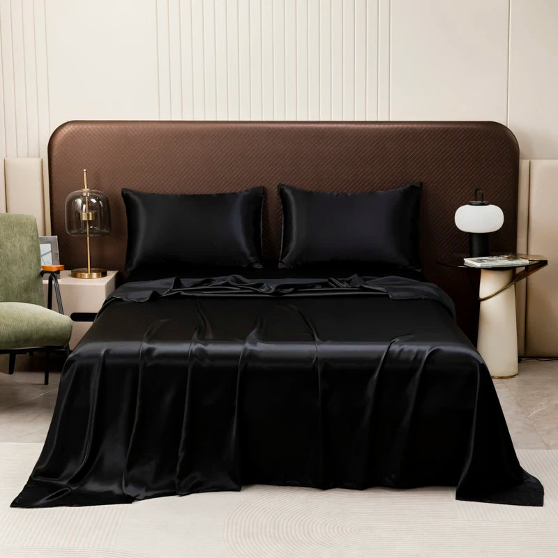 Drap Housse en Satin Noir de Haute Qualité avec Taies d'Oreiller – Ensemble Linge de Lit Confortable en Plusieurs Tailles 0