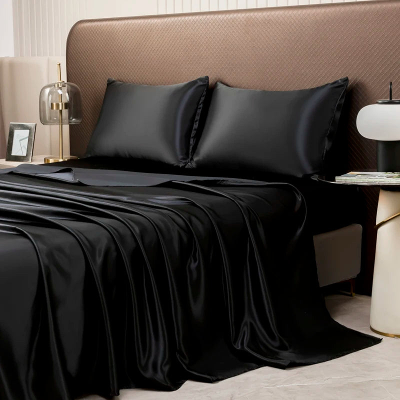 Drap Housse en Satin Noir de Haute Qualité avec Taies d'Oreiller – Ensemble Linge de Lit Confortable en Plusieurs Tailles 1