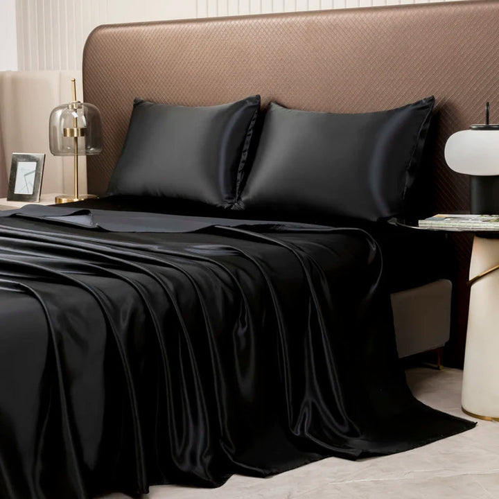 Drap Housse en Satin Noir de Haute Qualité avec Taies d'Oreiller – Ensemble Linge de Lit Confortable en Plusieurs Tailles 1