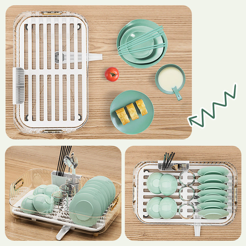 Égouttoir à Vaisselle Réglable AquaFlow avec Drainage Direct vers l'Évier – Design Compact et Gain de Place, Transparent et Vert 2