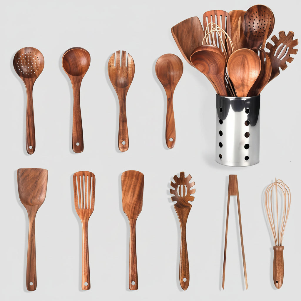 Kitchen Utensil Set Wooden Teak Cooking Tools Holder