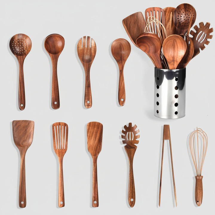 Kitchen Utensil Set Wooden Teak Cooking Tools Holder