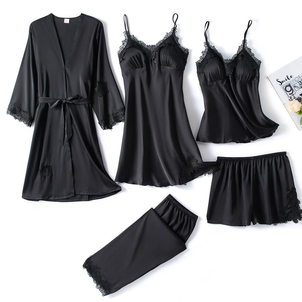 Ensemble Pyjama Femme 5 Pièces en Satin Noir avec Dentelle – Confort Élégant et Polyvalent 0