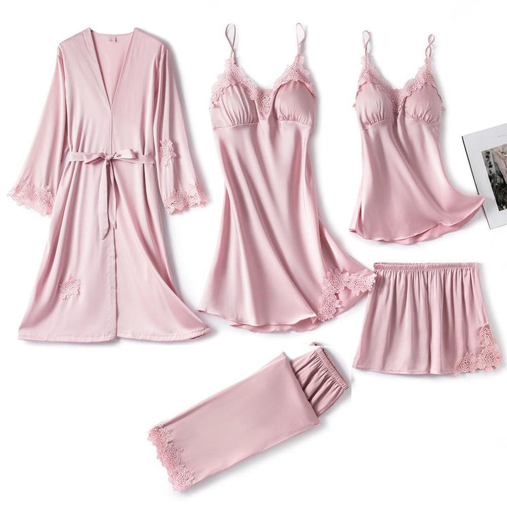 Ensemble Pyjama Femme 5 Pièces en Satin Noir avec Dentelle – Confort Élégant et Polyvalent 10