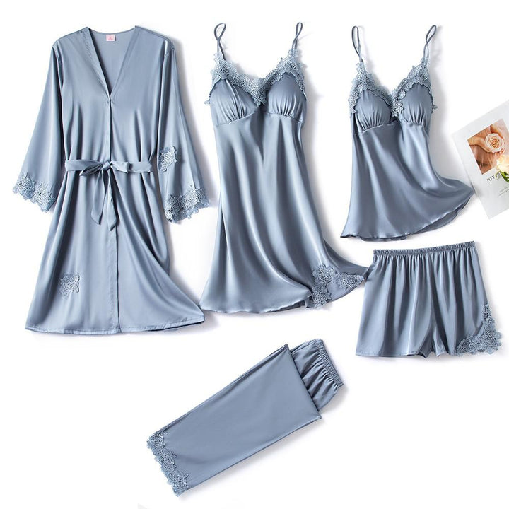 Ensemble Pyjama Femme 5 Pièces en Satin Noir avec Dentelle – Confort Élégant et Polyvalent 7