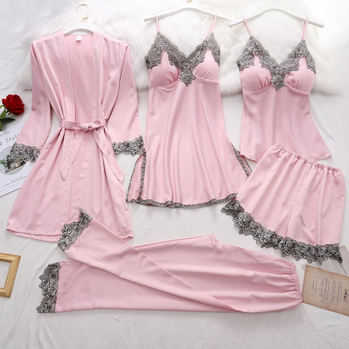 Ensemble Pyjama Femme 5 Pièces en Satin Noir avec Dentelle – Confort Élégant et Polyvalent 9