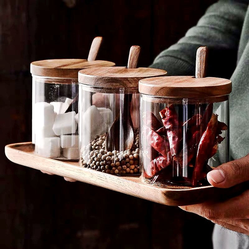 Ensemble de 3 Bocaux en Conservation Verre avec Couvercles en Bois – Design Élégant et Hermétique pour Rangement Pratique 0