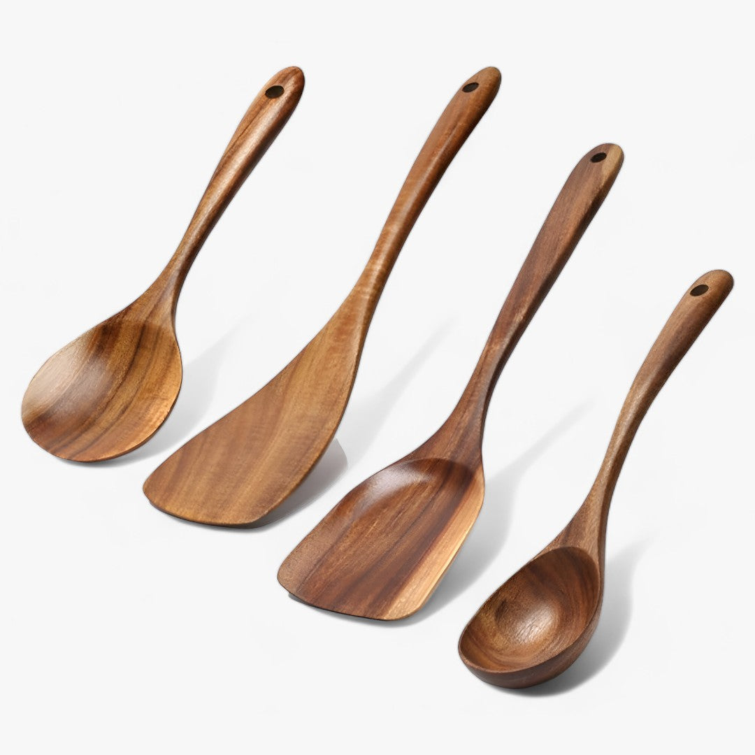 Ensemble de Cuisine en Bois de Teck – 7 Ustensiles Élégants et Fonctionnels pour Repas Quotidiens 0