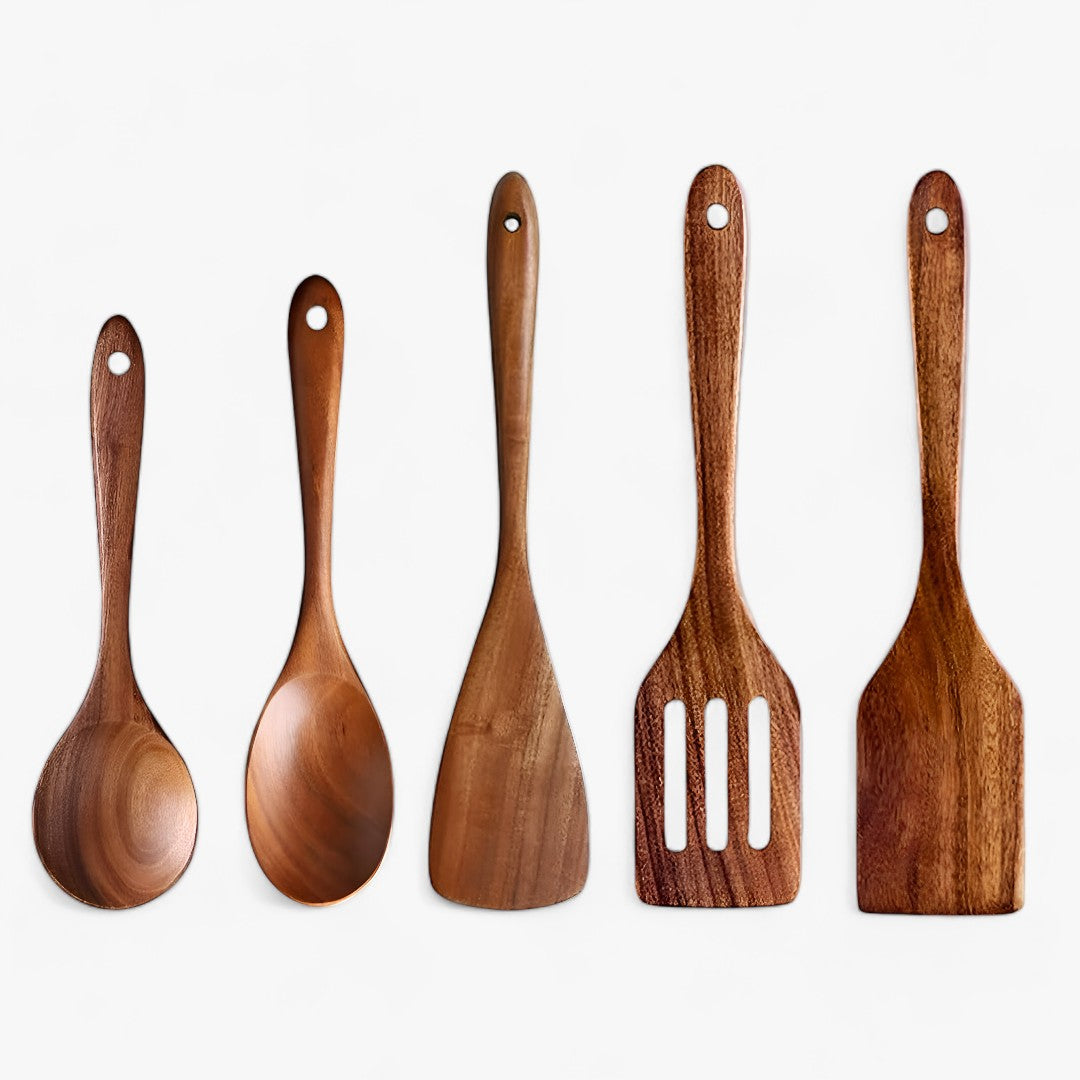Ensemble de Cuisine en Bois de Teck – 7 Ustensiles Élégants et Fonctionnels pour Repas Quotidiens 1