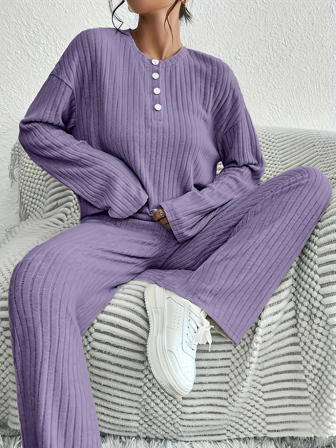 Ensemble de Pyjama Femme Côtelé Élégant en Vert ou Lilas – Confortable et Respirant en 2 Pièces 7