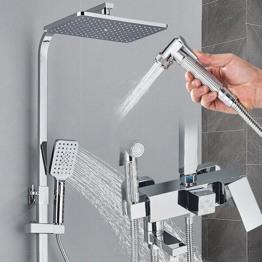Ensemble de Robinets de Douche en Laiton Chromé avec Mitigeur Douche 4 Fonctions Réglables pour Salle de Bain 1