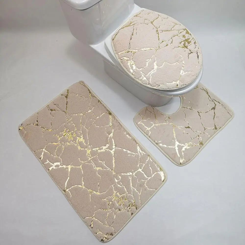 Ensemble de Tapis pour Toilette Antidérapant Imprimé Marbre Chic – 3 Pièces en Polyester, Durable et Élégant 1