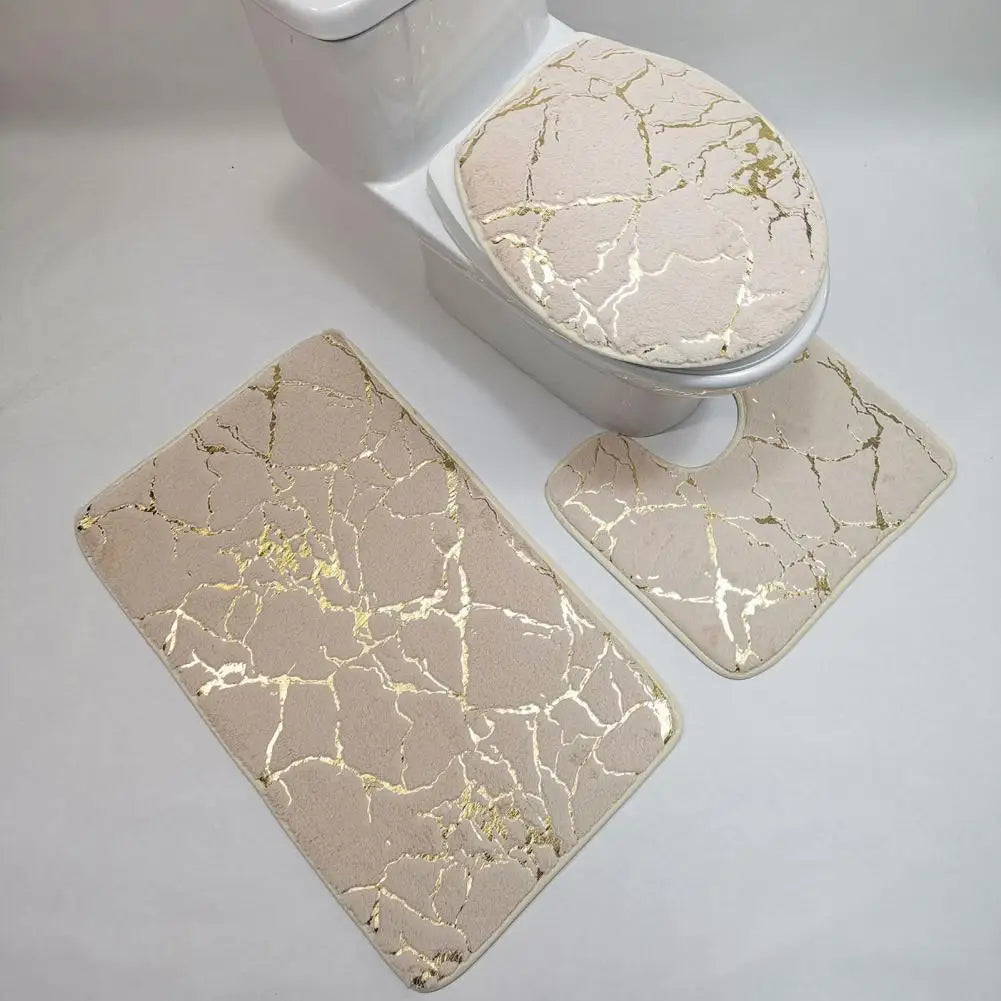 Ensemble de Tapis pour Toilette Antidérapant Imprimé Marbre Chic – 3 Pièces en Polyester, Durable et Élégant 1