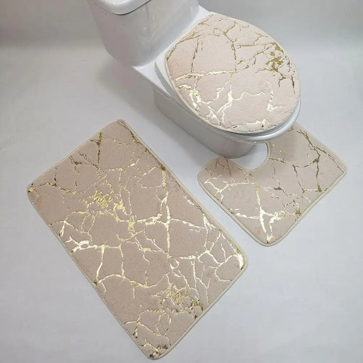 Ensemble de Tapis pour Toilette Antidérapant Imprimé Marbre Chic – 3 Pièces en Polyester, Durable et Élégant 1
