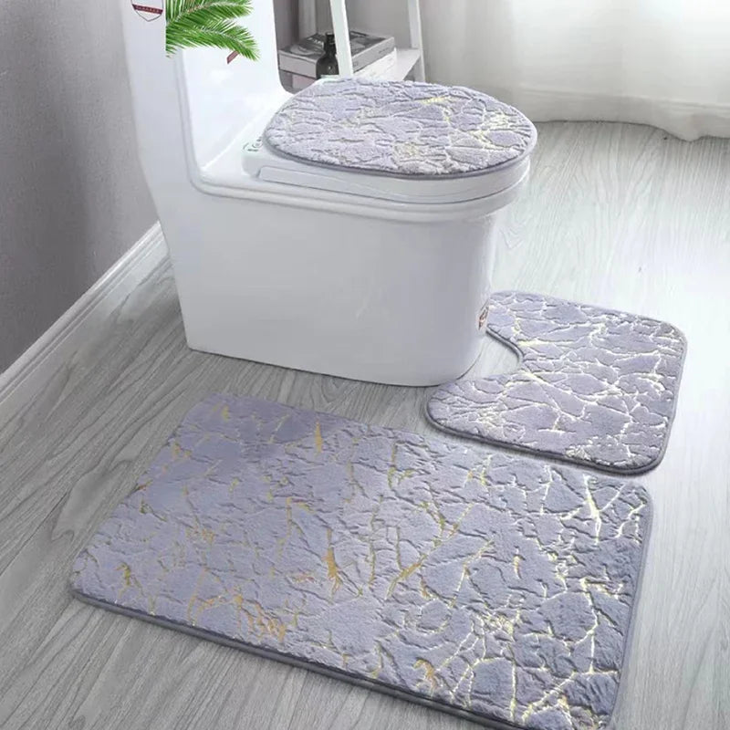 Ensemble de Tapis pour Toilettes Antidérapants en Microfibre avec Imprimé Doré - 3 Pièces, Design Élégant et Durable 0