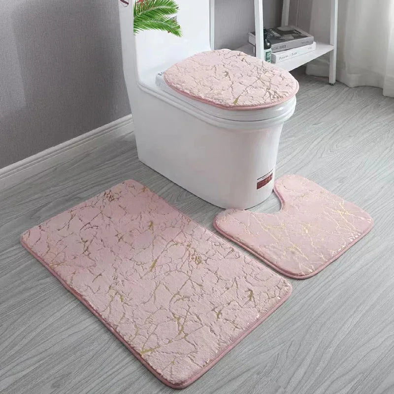 Ensemble de Tapis pour Toilettes Antidérapants en Microfibre avec Imprimé Doré - 3 Pièces, Design Élégant et Durable 1