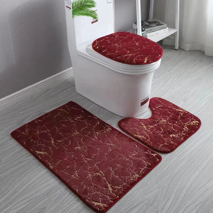 Ensemble de Tapis pour Toilettes Antidérapants en Microfibre avec Imprimé Doré - 3 Pièces, Design Élégant et Durable 2