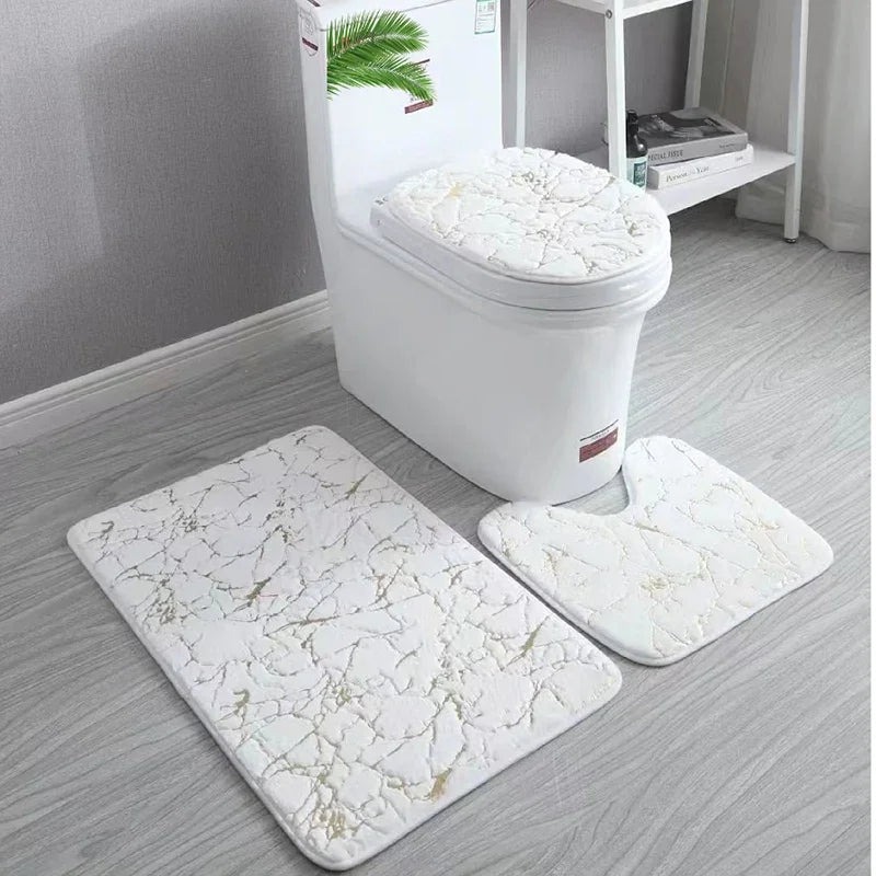 Ensemble de Tapis pour Toilettes Antidérapants en Microfibre avec Imprimé Doré - 3 Pièces, Design Élégant et Durable 3