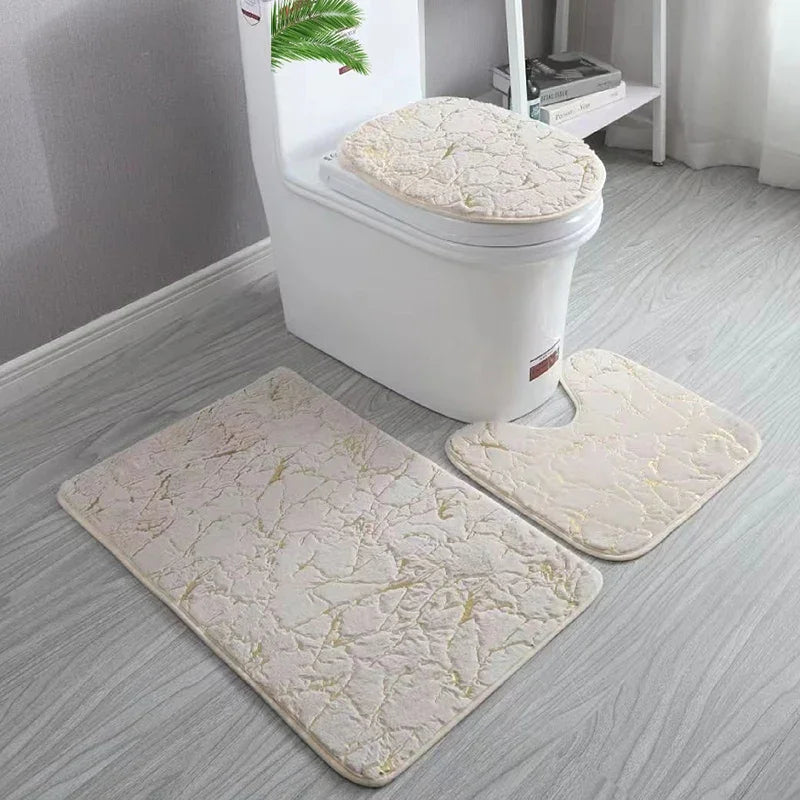 Ensemble de Tapis pour Toilettes Antidérapants en Microfibre avec Imprimé Doré - 3 Pièces, Design Élégant et Durable 4