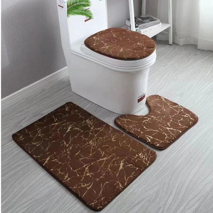 Ensemble de Tapis pour Toilettes Antidérapants en Microfibre avec Imprimé Doré - 3 Pièces, Design Élégant et Durable 5