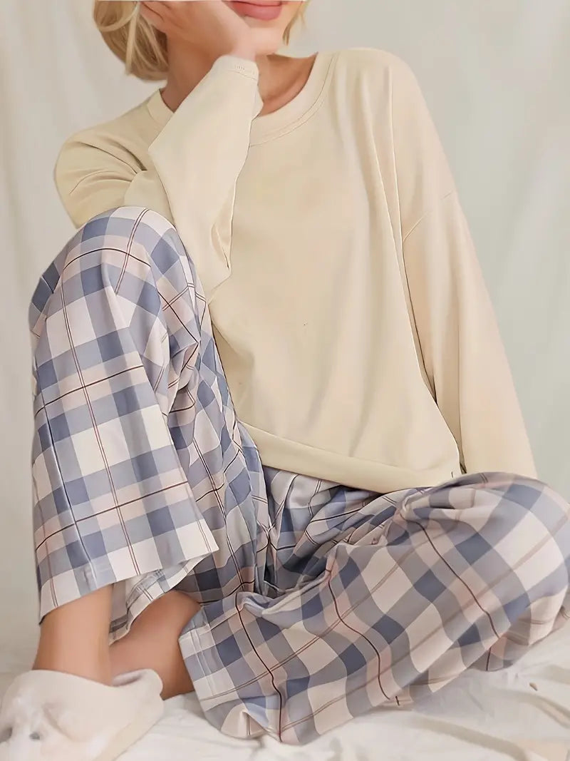 Ensemble de Vêtements d'Intérieur 2 Pièces Femme – Haut à Manches Longues et Pantalon à Carreaux Confortable et Tendance 0