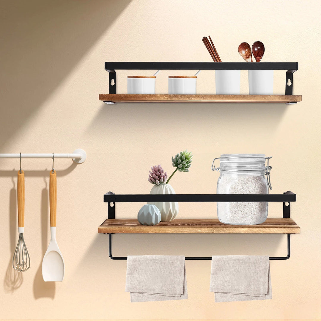 Étagère Murale en Bois Anthracite à 2 Niveaux avec Porte-Serviettes – Design Élégant pour Cuisine et Intérieur 0