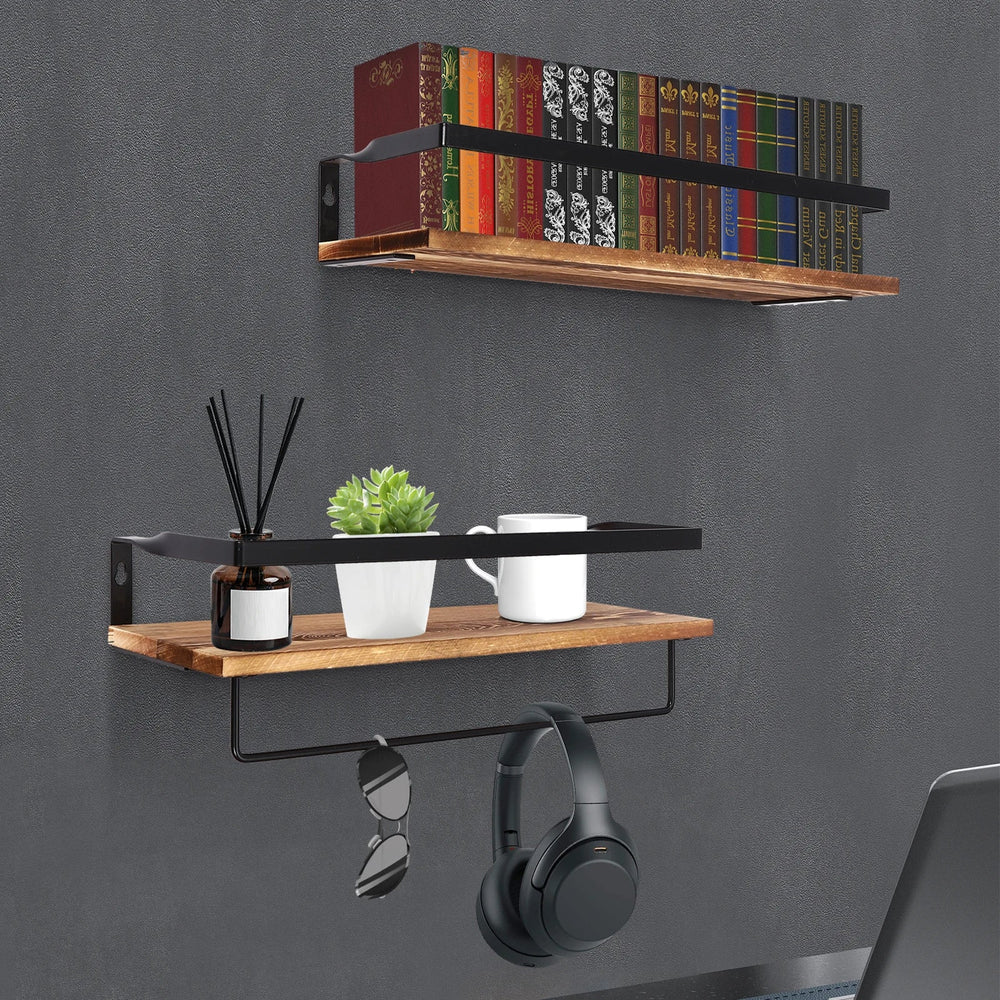 Étagère Murale en Bois Anthracite à 2 Niveaux avec Porte-Serviettes – Design Élégant pour Cuisine et Intérieur 1
