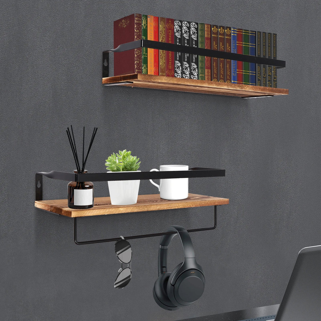 Étagère Murale en Bois Anthracite à 2 Niveaux avec Porte-Serviettes – Design Élégant pour Cuisine et Intérieur 1