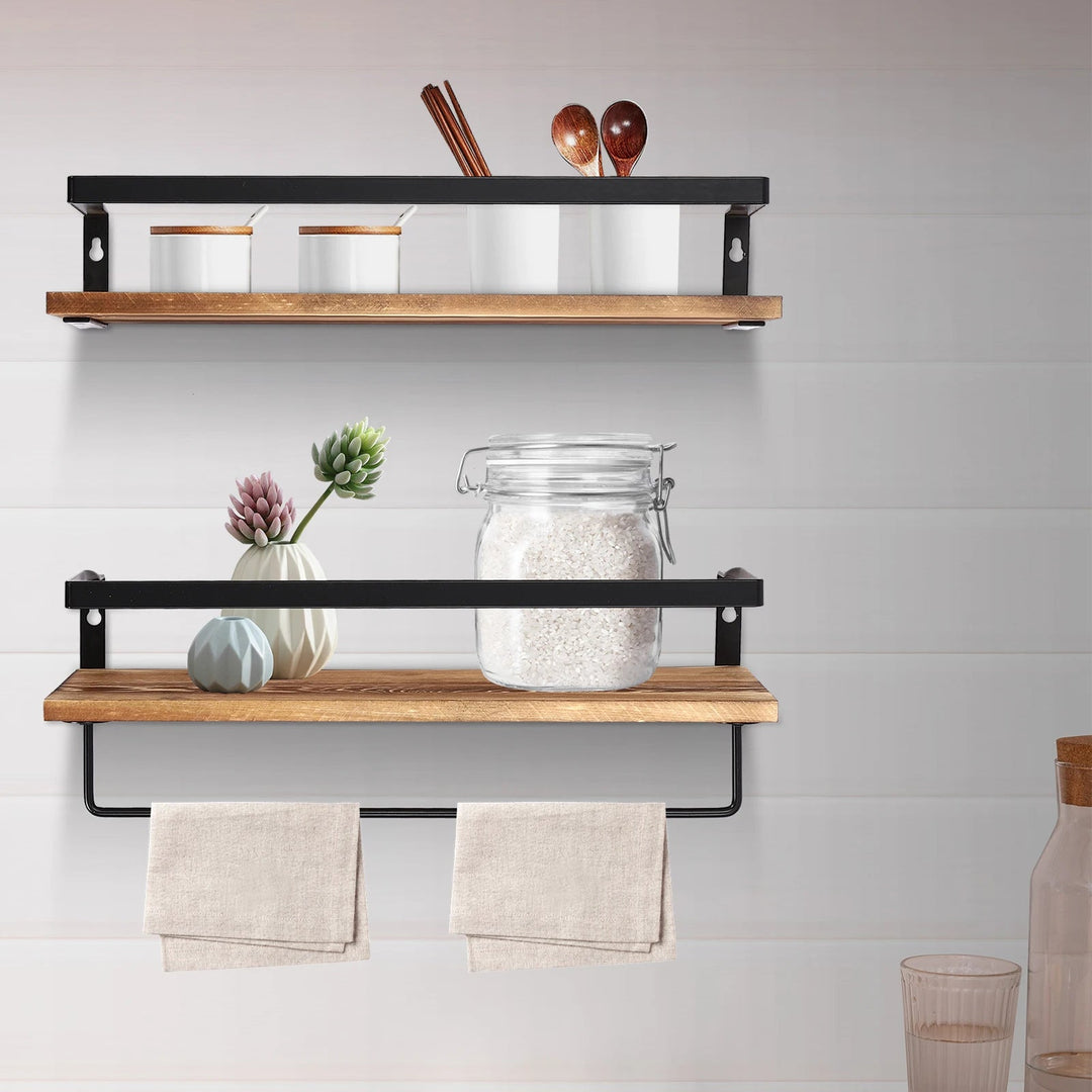 Étagère Murale en Bois Anthracite à 2 Niveaux avec Porte-Serviettes – Design Élégant pour Cuisine et Intérieur 2