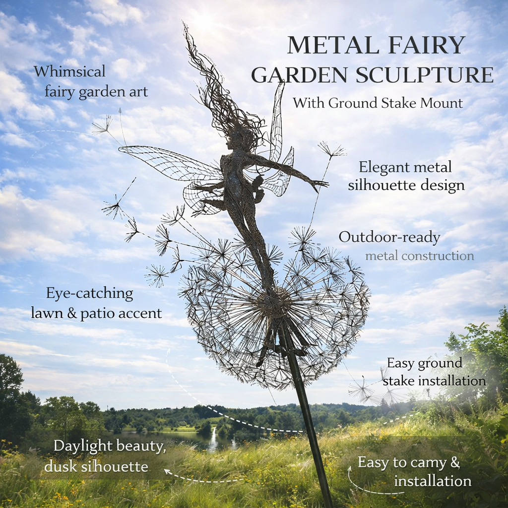 Metal Fairy Garden Sculpture with Stake for Outdoor Decor