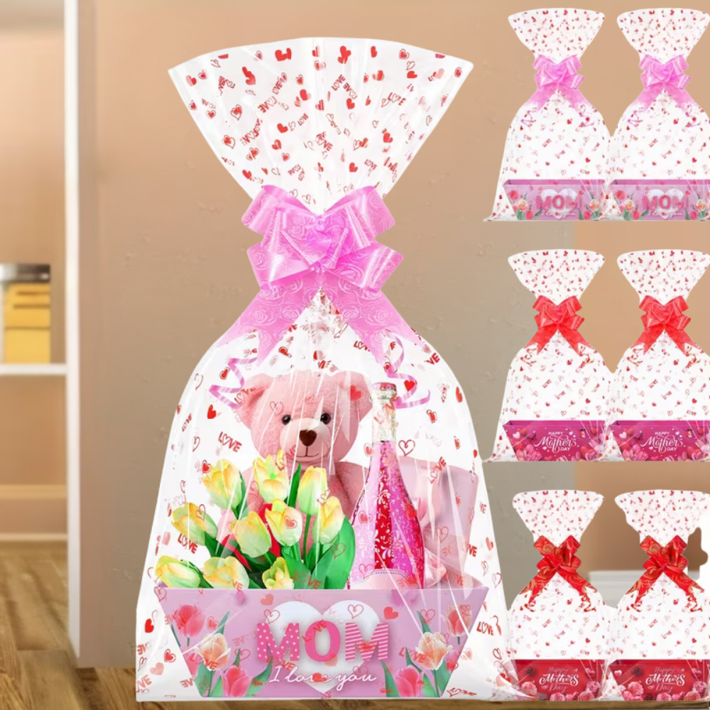 Mother's Day Candy Treat Gift Basket with Red Cellophane Wrap