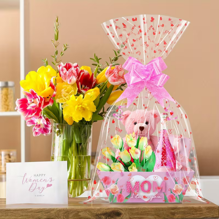 Mother's Day Candy Treat Gift Basket with Red Cellophane Wrap