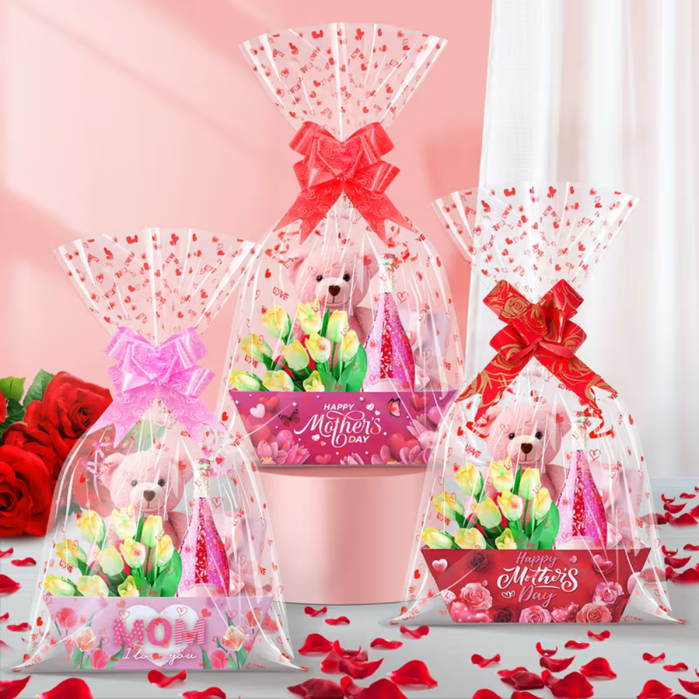 Mother's Day Candy Treat Gift Basket with Red Cellophane Wrap