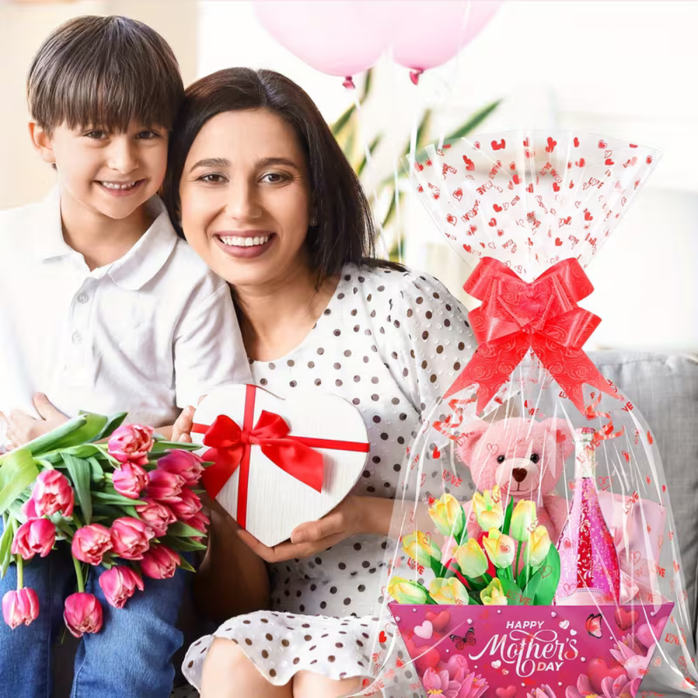Mother's Day Candy Treat Gift Basket with Red Cellophane Wrap