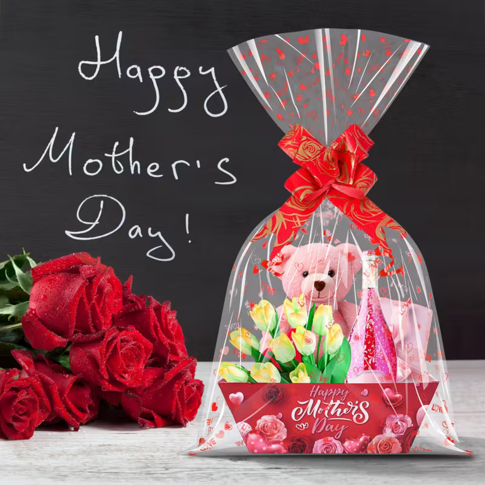 Mother's Day Candy Treat Gift Basket with Red Cellophane Wrap
