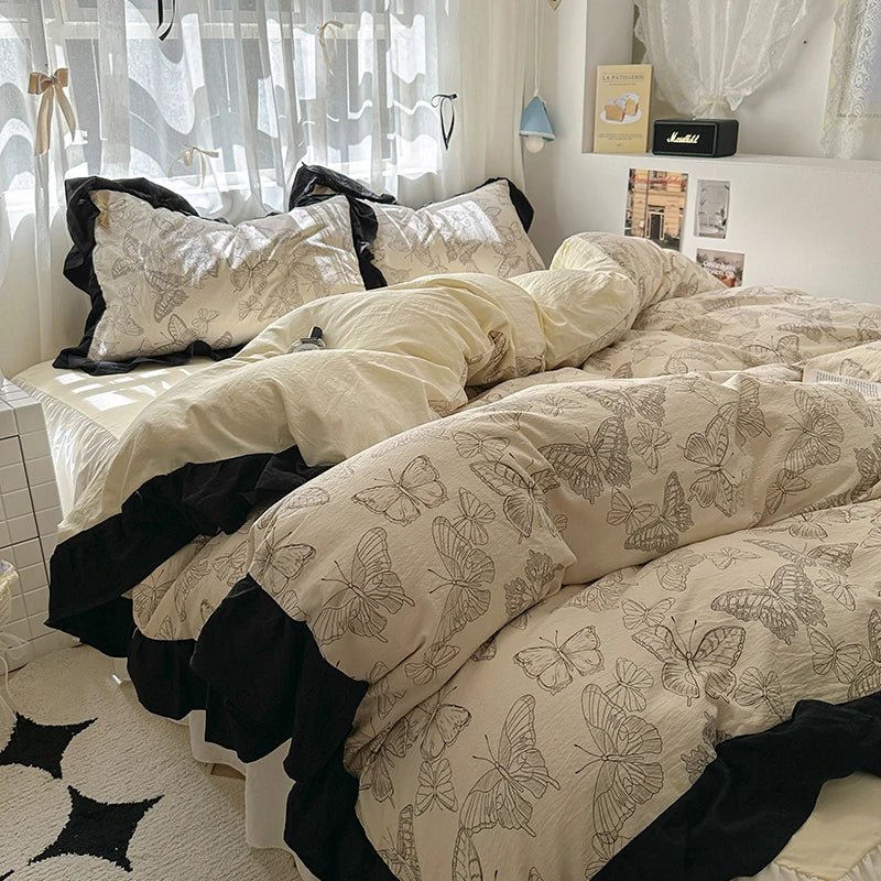 Housse de Couette en Coton Lavé 220x240 cm avec Imprimé Élégant et Détails en Dentelle - Parure de Lit Complète 0