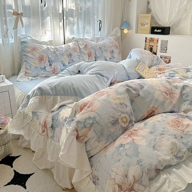 Housse de Couette en Coton Lavé 220x240 cm avec Imprimé Élégant et Détails en Dentelle - Parure de Lit Complète 1