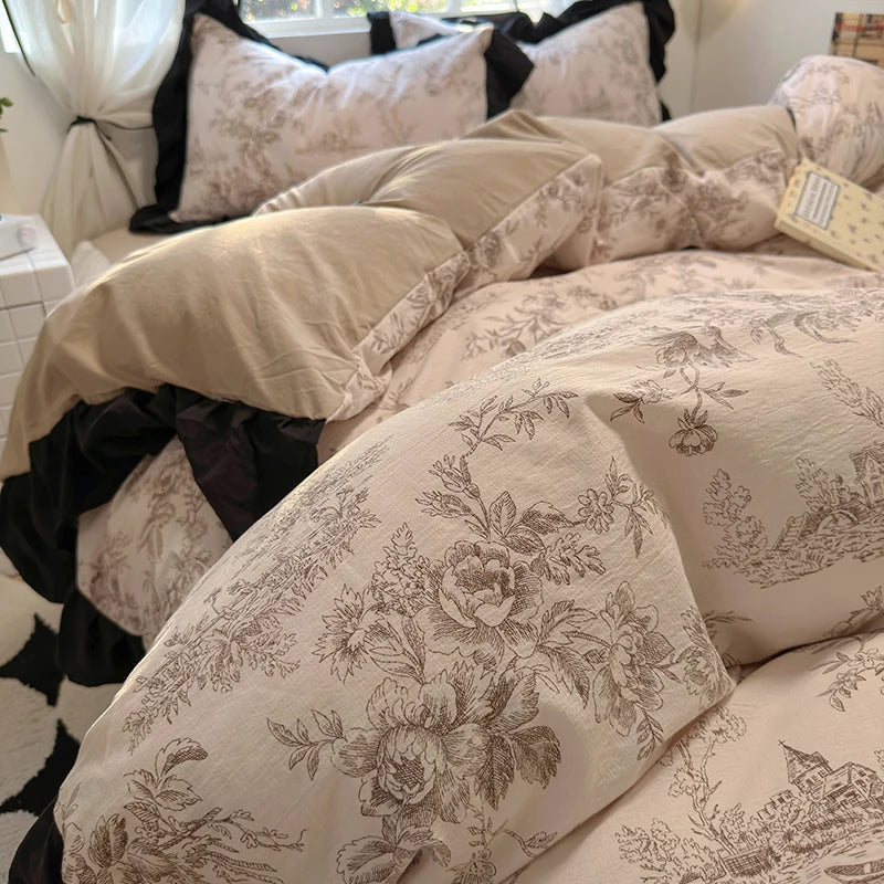 Housse de Couette en Coton Lavé 220x240 cm avec Imprimé Élégant et Détails en Dentelle - Parure de Lit Complète 10