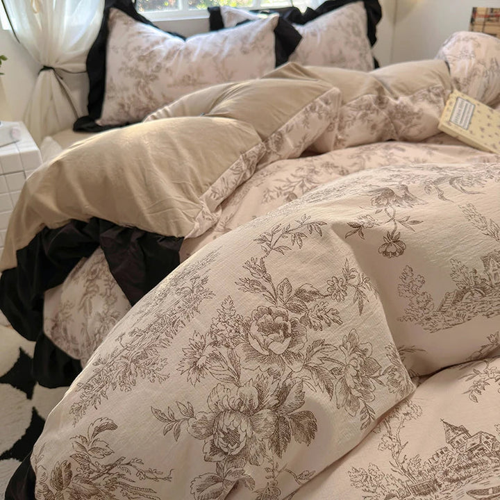 Housse de Couette en Coton Lavé 220x240 cm avec Imprimé Élégant et Détails en Dentelle - Parure de Lit Complète 10