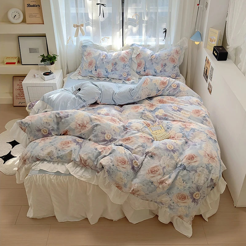 Housse de Couette en Coton Lavé 220x240 cm avec Imprimé Élégant et Détails en Dentelle - Parure de Lit Complète 2