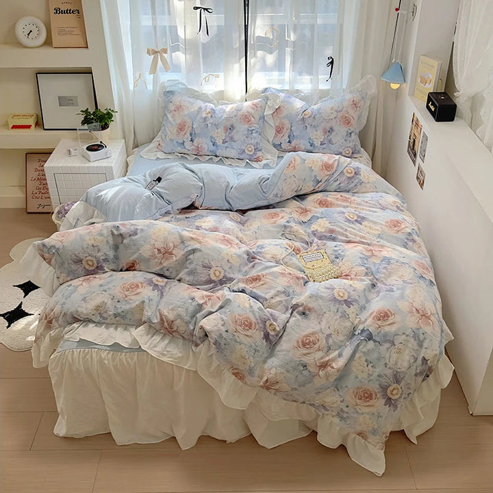 Housse de Couette en Coton Lavé 220x240 cm avec Imprimé Élégant et Détails en Dentelle - Parure de Lit Complète 2