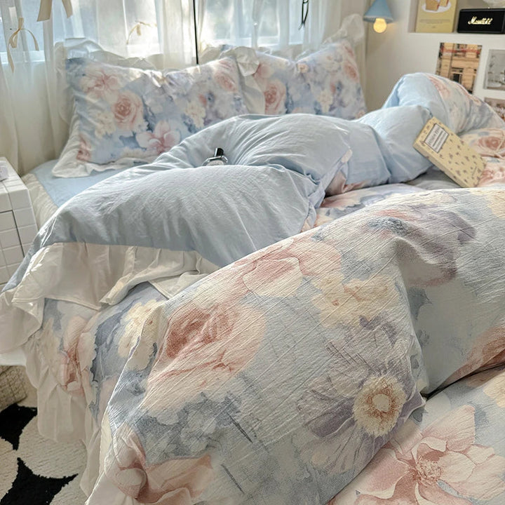Housse de Couette en Coton Lavé 220x240 cm avec Imprimé Élégant et Détails en Dentelle - Parure de Lit Complète 3