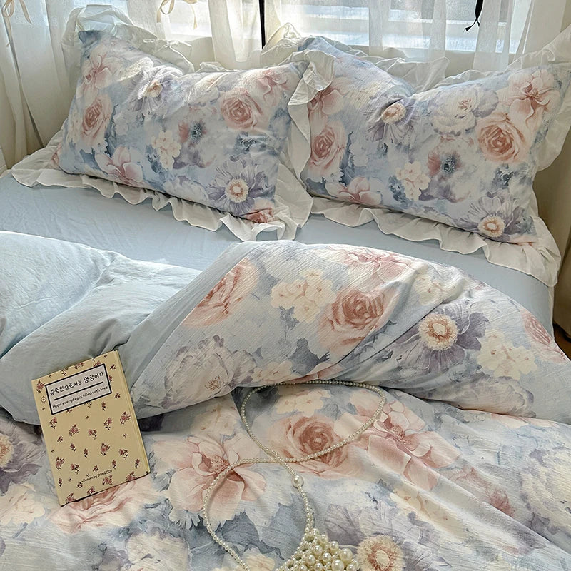 Housse de Couette en Coton Lavé 220x240 cm avec Imprimé Élégant et Détails en Dentelle - Parure de Lit Complète 4