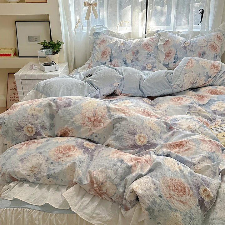 Housse de Couette en Coton Lavé 220x240 cm avec Imprimé Élégant et Détails en Dentelle - Parure de Lit Complète 5