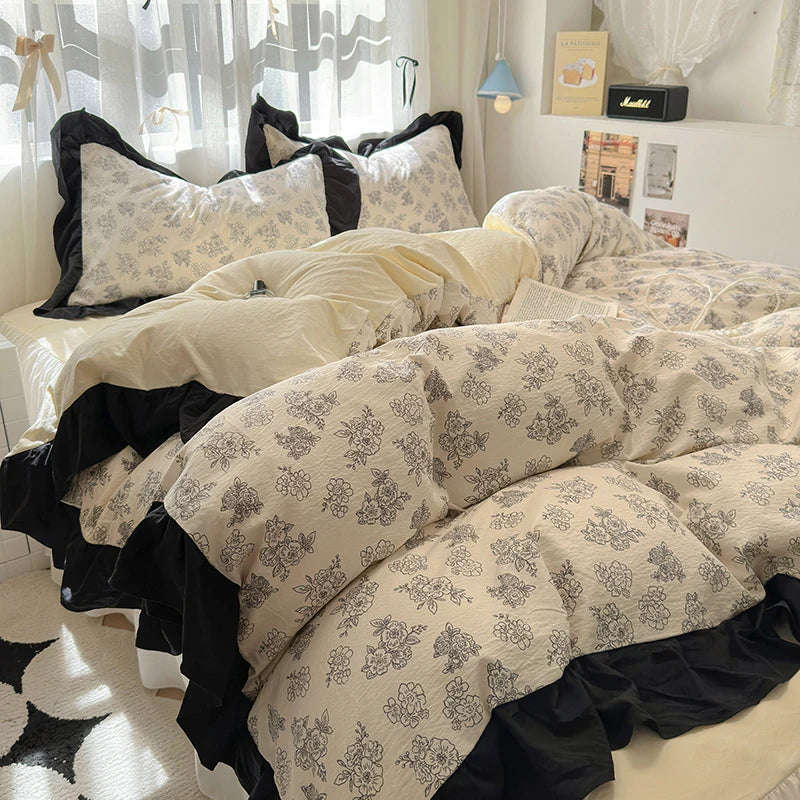 Housse de Couette en Coton Lavé 220x240 cm avec Imprimé Élégant et Détails en Dentelle - Parure de Lit Complète 6