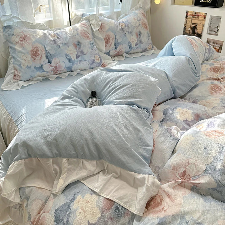 Housse de Couette en Coton Lavé 220x240 cm avec Imprimé Élégant et Détails en Dentelle - Parure de Lit Complète 7