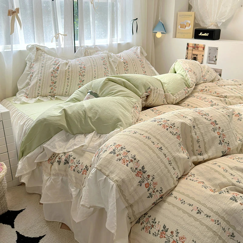 Housse de Couette en Coton Lavé 220x240 cm avec Imprimé Élégant et Détails en Dentelle - Parure de Lit Complète 8